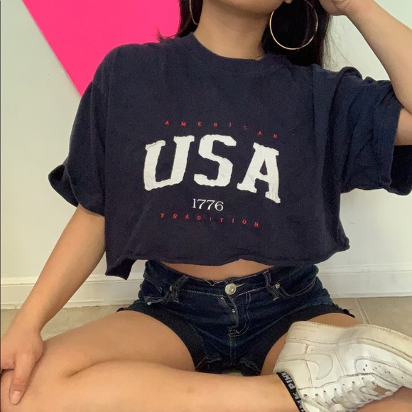 Tops - cropped usa america navy blue tee ✧